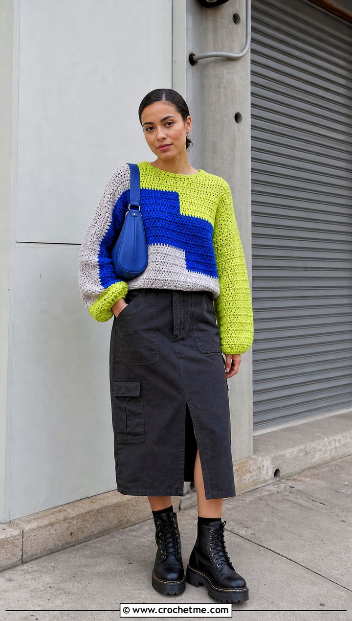 Geometric Color Block Crochet Sweater With Utility Skirt - 25 Color Block Crochet Sweater outfit ideas