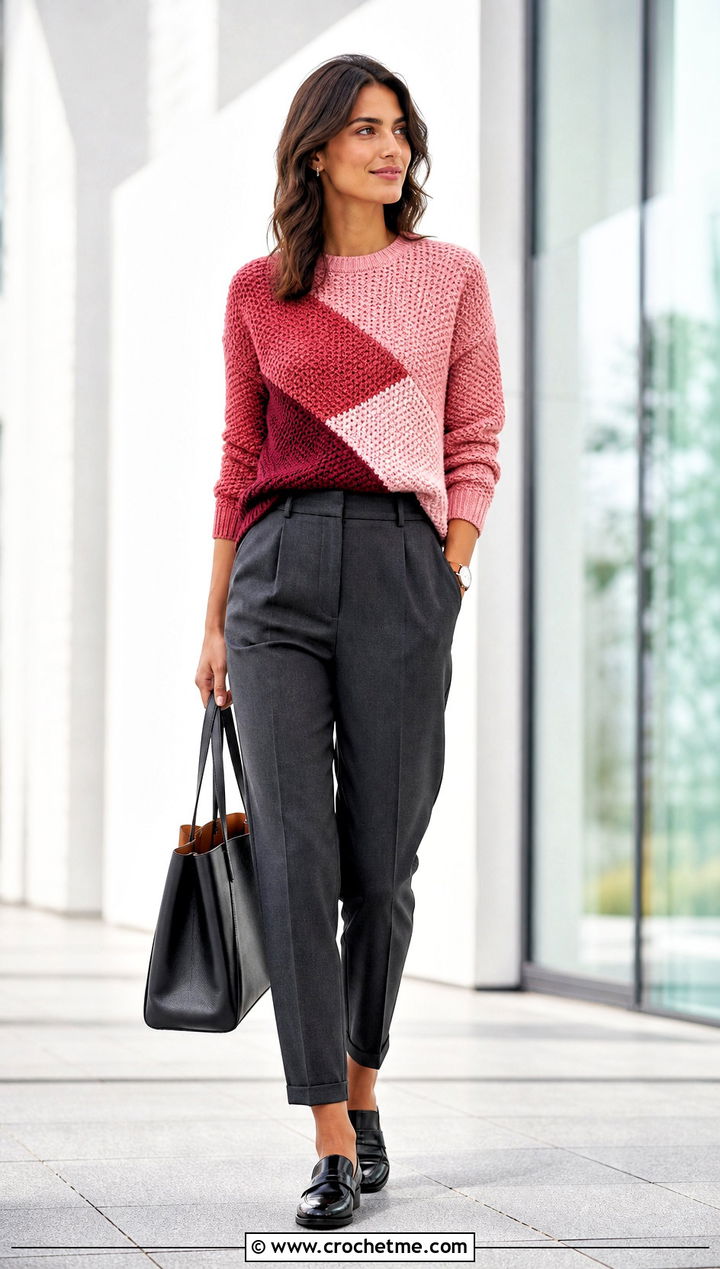 Geometric Color Block Panel Sweater With Tailored Trousers - 30 crochet panel sweater outfit ideas