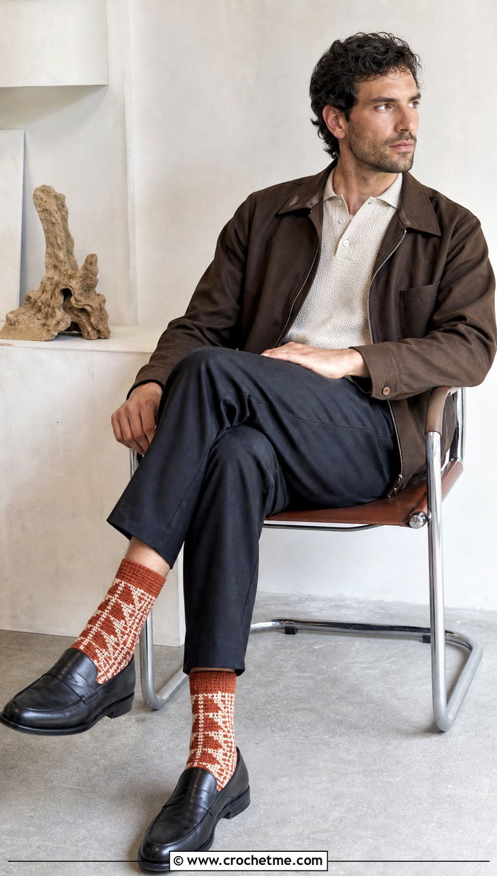 Geometric Colorwork Crochet Socks With Pleated Pants - 25 Mens Crochet Socks outfit ideas