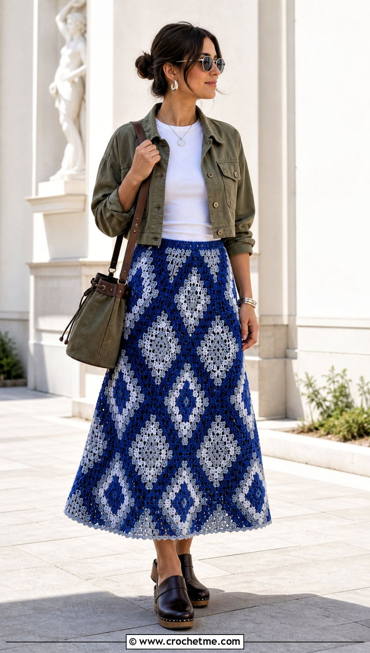 Geometric Crochet A Line Skirt With Utility Jacket - 25 Crochet A Line Skirt outfit ideas