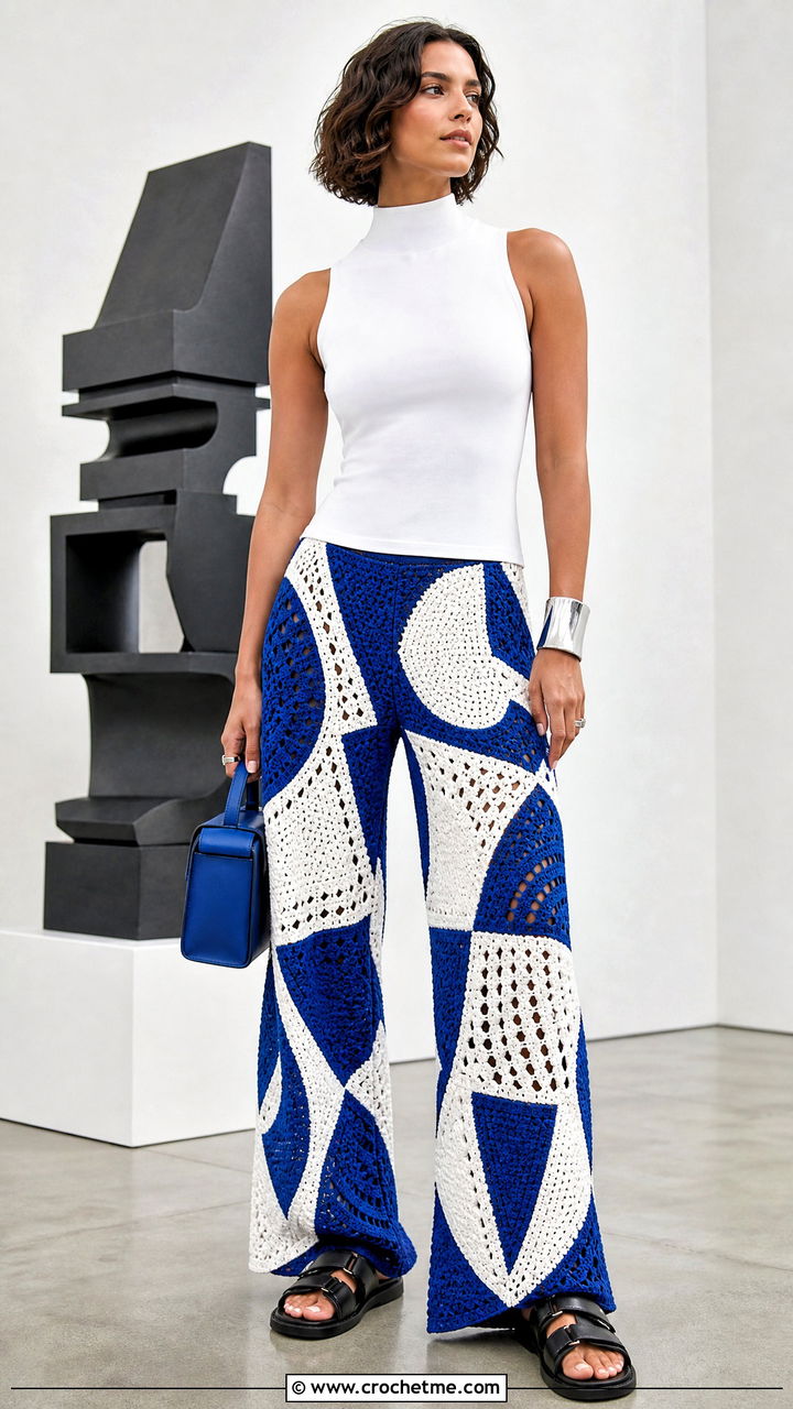 Geometric Crochet Baggy Pants With Minimalist Tank - 35 crochet baggy pants outfit ideas