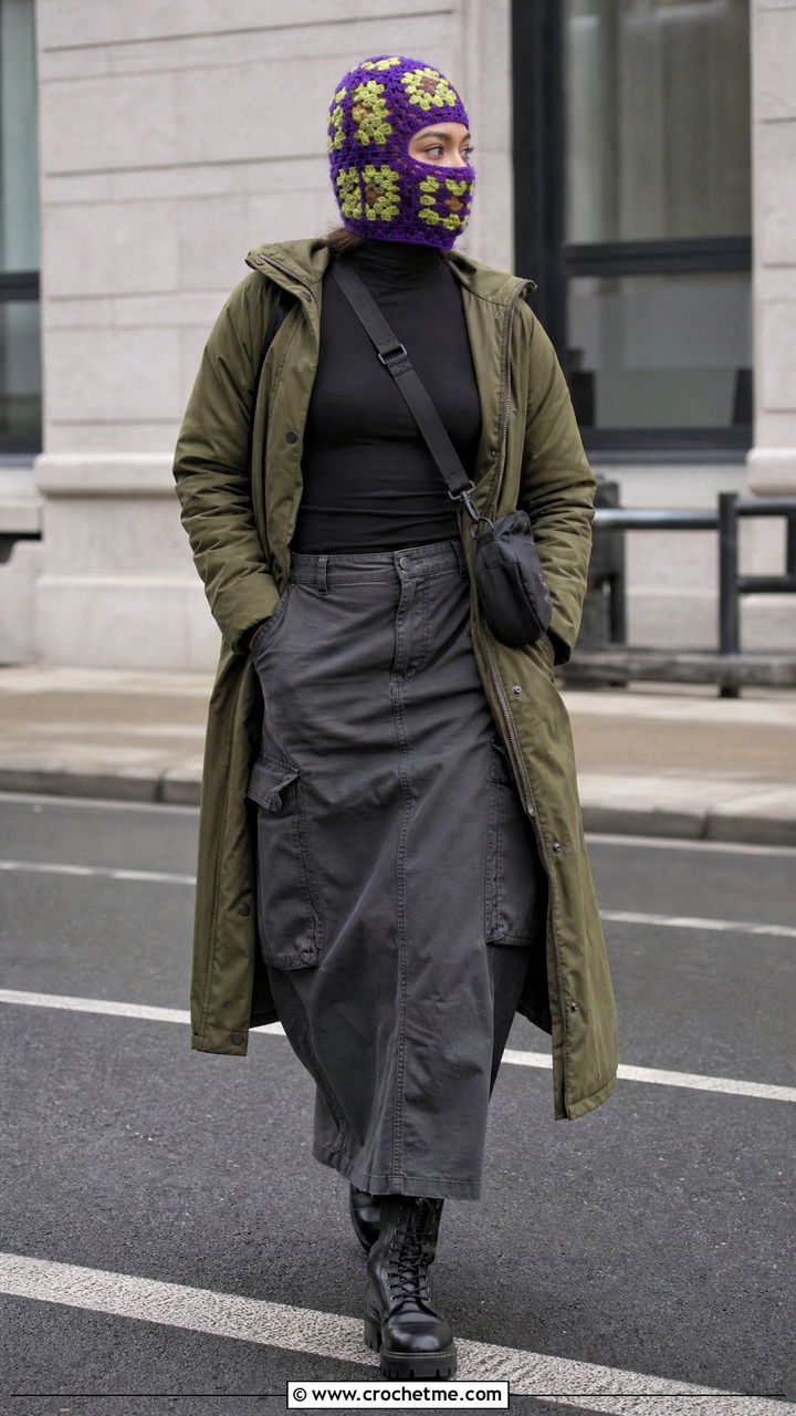 Geometric Crochet Balaclava With Parka And Cargo Skirt - 35 crochet balaclava outfit ideas