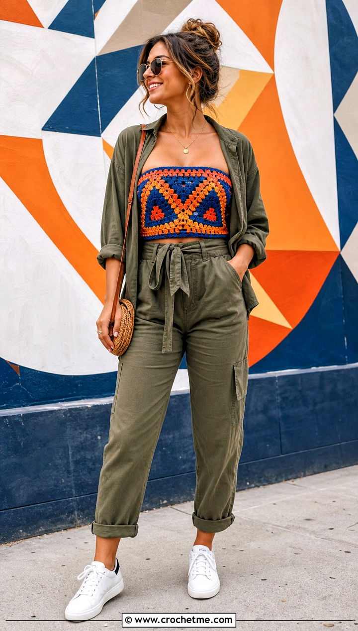 Geometric Crochet Bandeau Top With Utility Jumpsuit - 35 strapless crochet top outfit ideas