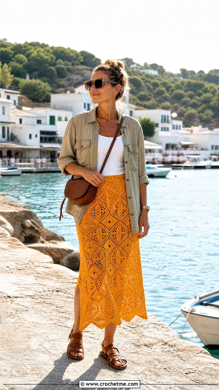 Geometric Crochet Beach Skirt With Utility Shirt - 35 Crochet Beach Skirt outfit ideas