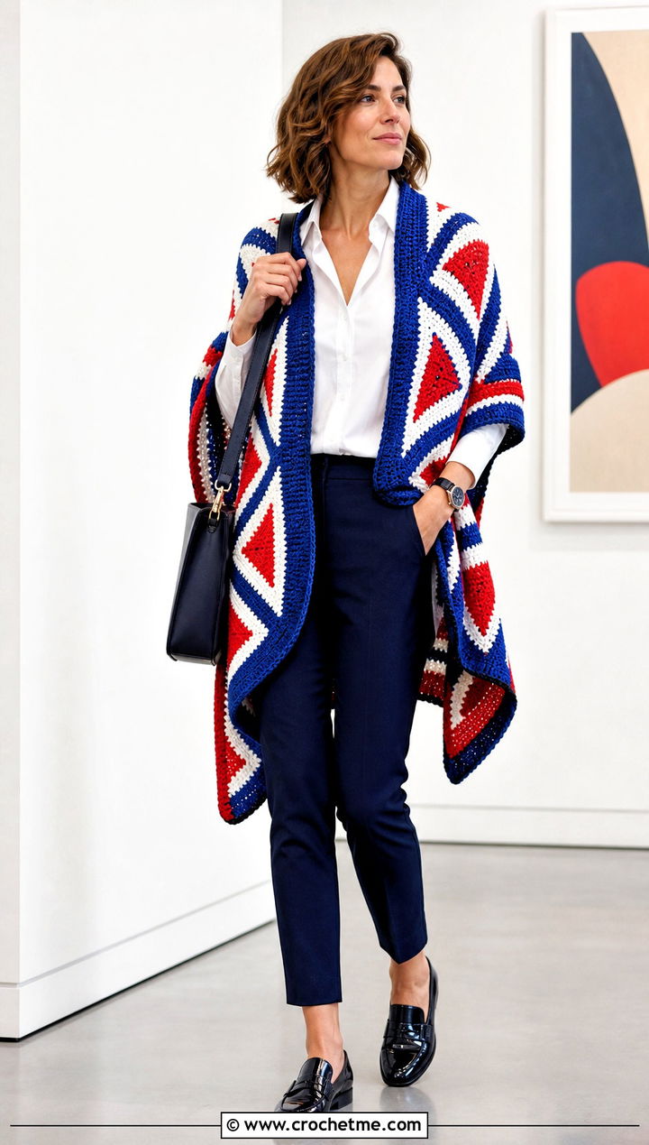 Geometric Crochet Blanket Shawl With White Shirt - 30 crochet blanket shawl outfit ideas