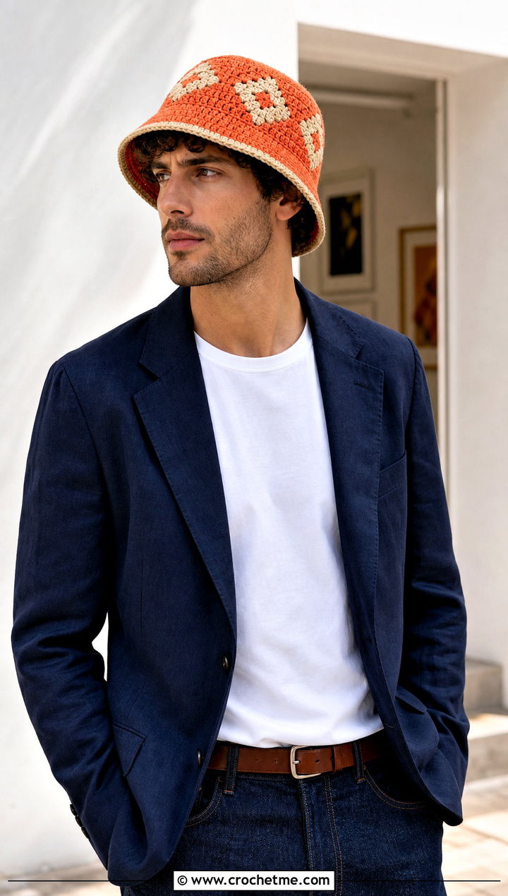 Geometric Crochet Bucket Hat With Blazer And Relaxed Jeans - 30 crochet bucket hat men outfit ideas