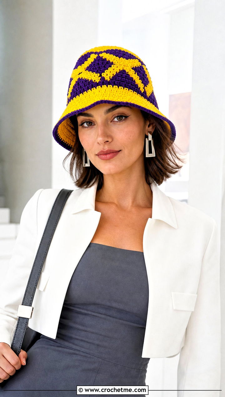 Geometric Crochet Bucket Hat With Minimalist Dress - 30 easy crochet bucket hat outfit ideas