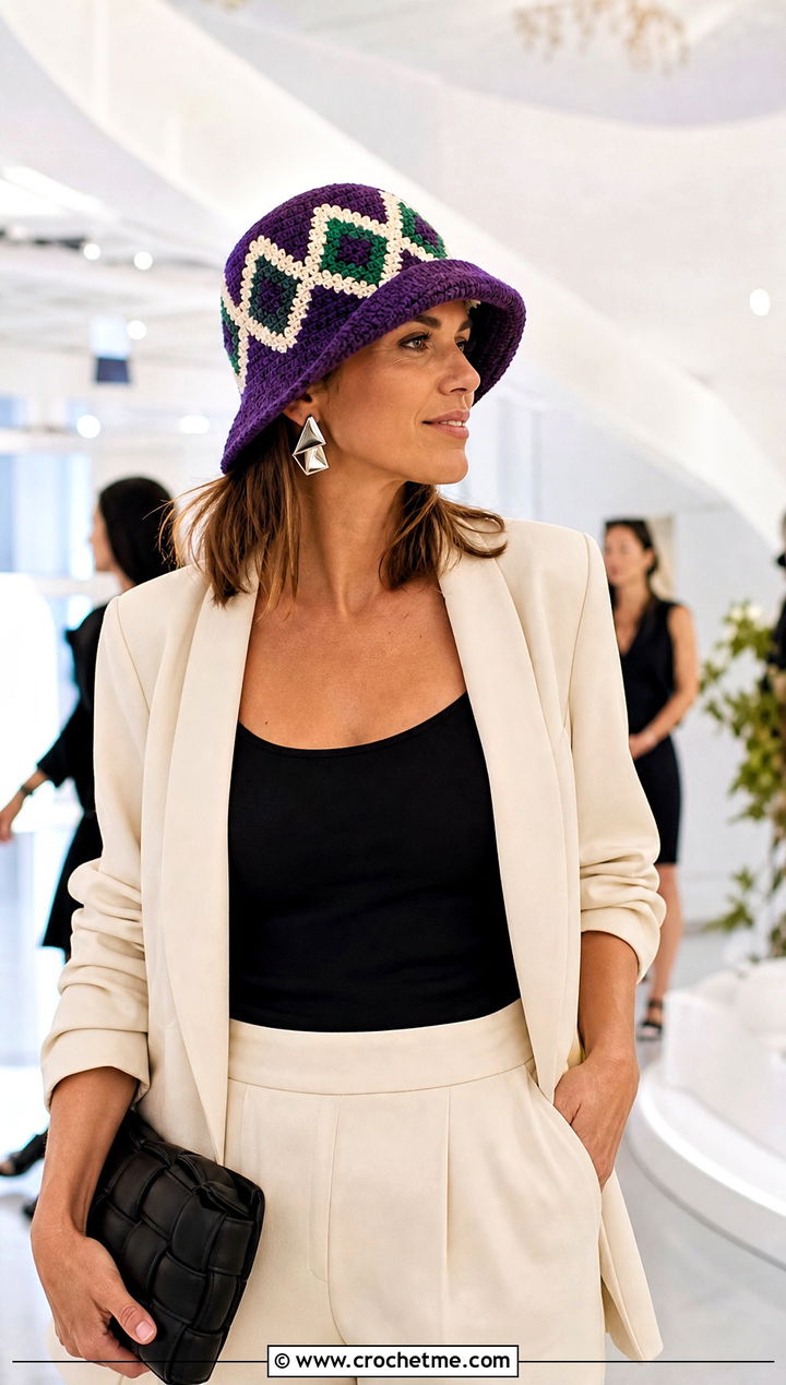 Geometric Crochet Bucket Hat With Trouser Suit - 25 crochet bucket hat ideas