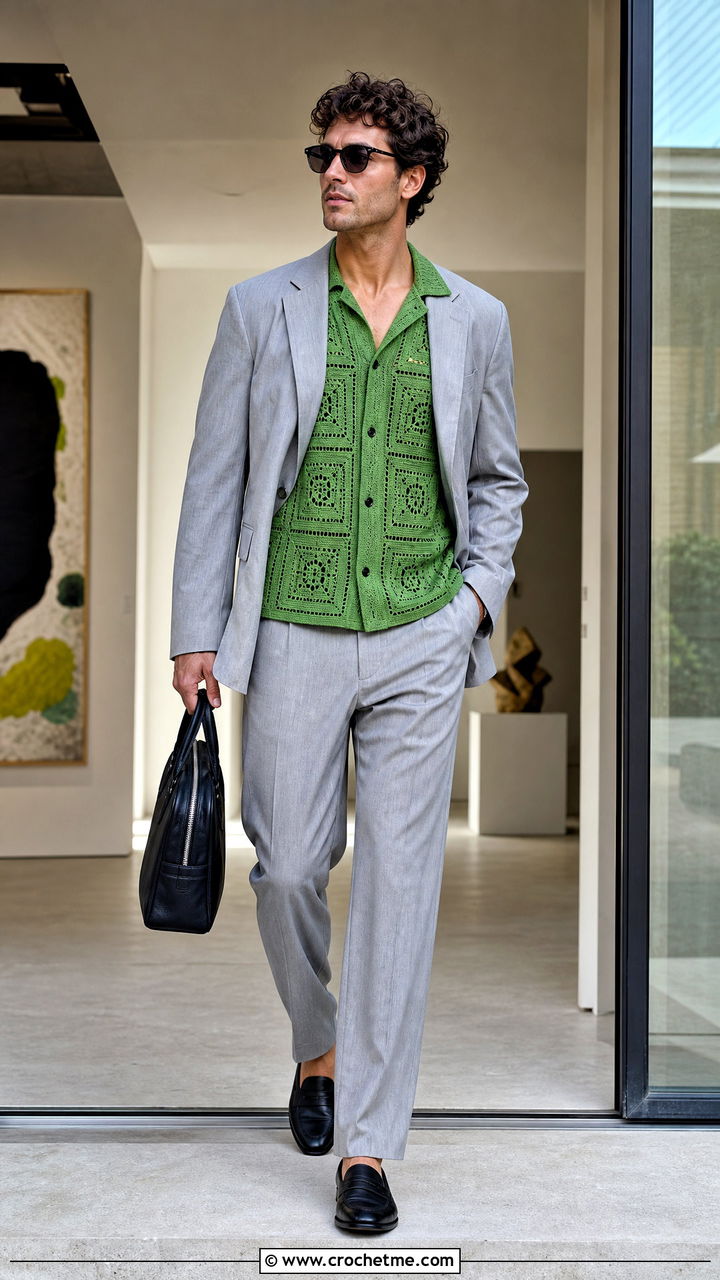 Geometric Crochet Button Up Shirt With A Relaxed Suit - 35 crochet male shirt outfit ideas