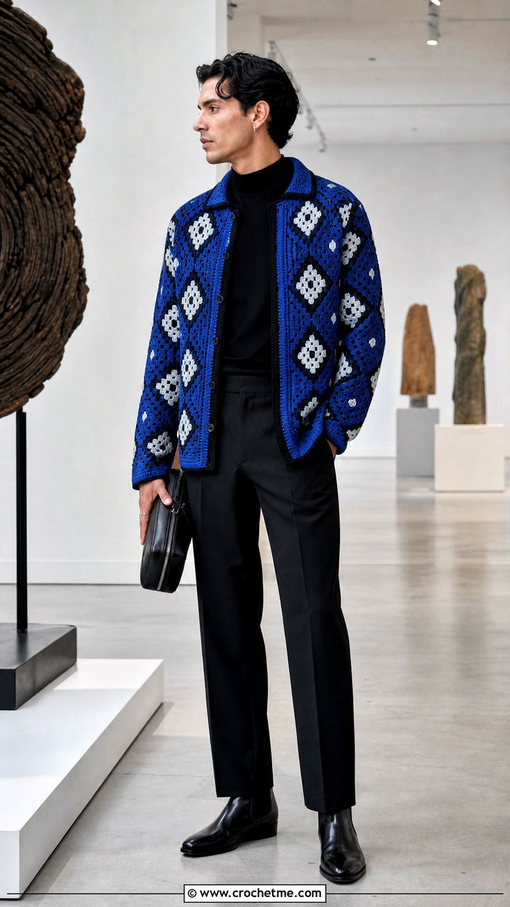 Geometric Crochet Cardigan With Black Trousers - 35 crochet cardigan men outfit ideas
