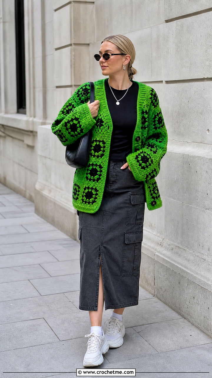 Geometric Crochet Cardigan With Cargo Skirt - 35 oversized crochet cardigan outfit ideas