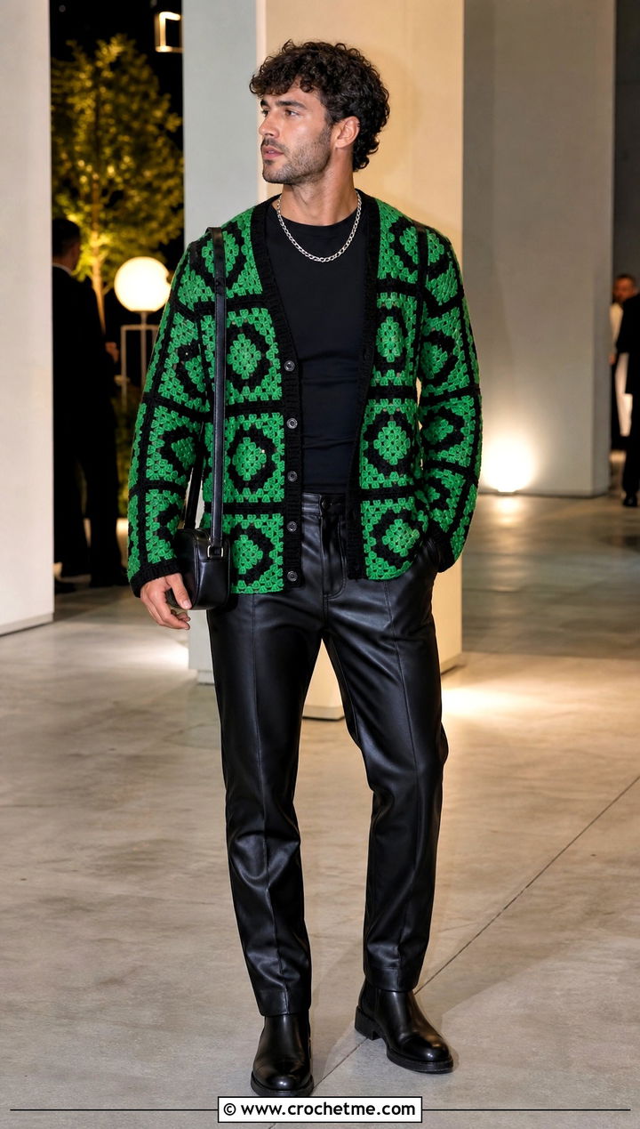 Geometric Crochet Cardigan With Leather Pants - 30 crochet man cardigan outfit ideas