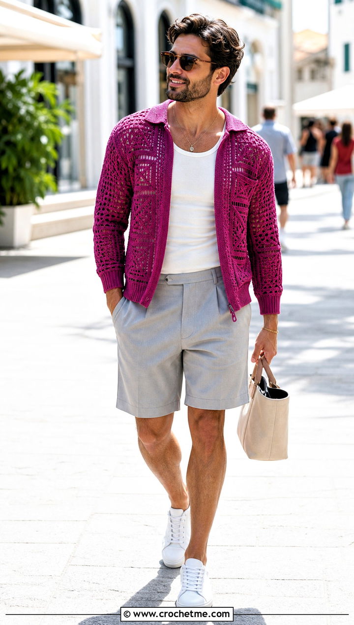Geometric Crochet Cardigan With Pleated Shorts - 30 mens crochet cardigan sweater outfit ideas