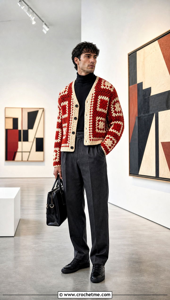 Geometric Crochet Cardigan With Wool Trousers - 35 mens crochet cardigan outfit ideas