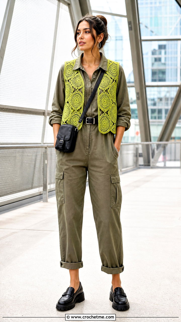 Geometric Crochet Circle Vest With Utility Jumpsuit - 35 crochet circle vest outfit ideas
