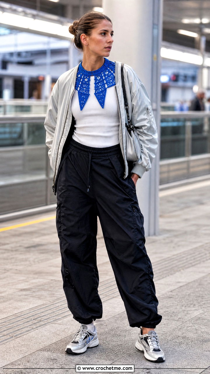 Geometric Crochet Collar With Bomber Jacket And Parachute Pants - 35 crochet collar outfit ideas