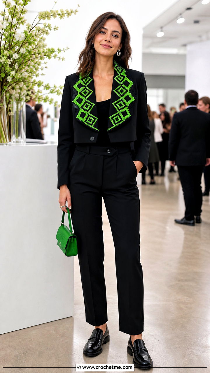 Geometric Crochet Collar With Monochrome Suit - 35 crochet collars outfit ideas