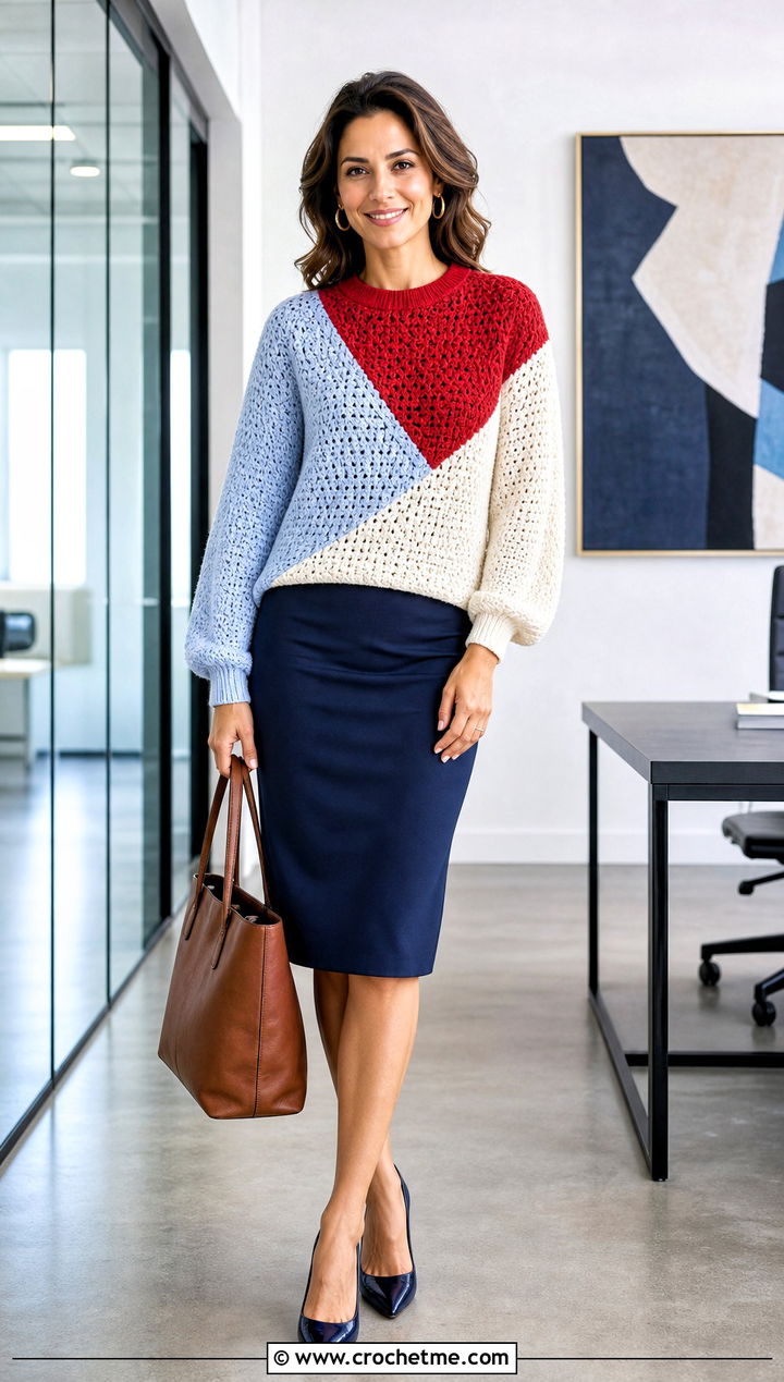 Geometric Crochet Colorblock Sweater With Pencil Skirt - 30 crochet colorblock sweater outfit ideas