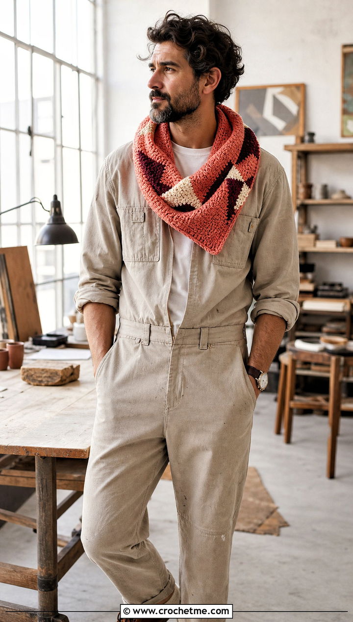 Geometric Crochet Cowl With Utility Jumpsuit - 25 Men Crochet Cowl outfit ideas