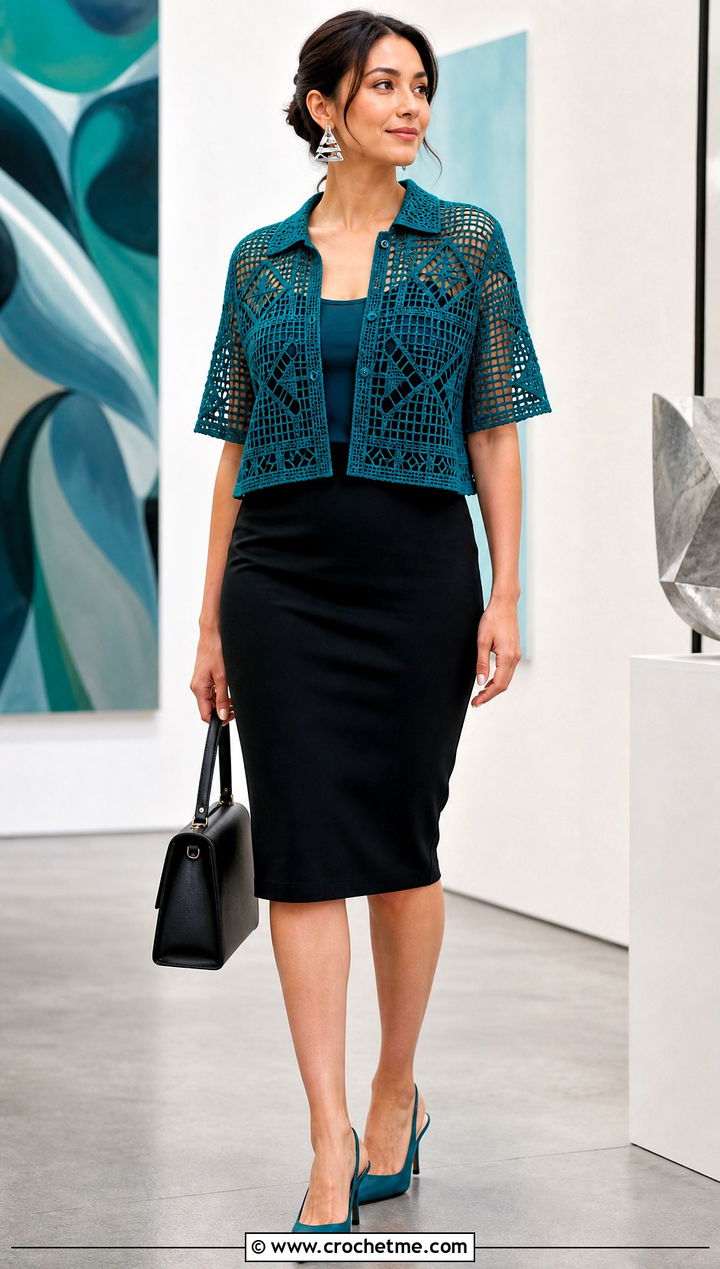Geometric Crochet Cropped Shirt With Pencil Skirt - 30 crochet cropped shirt outfit ideas
