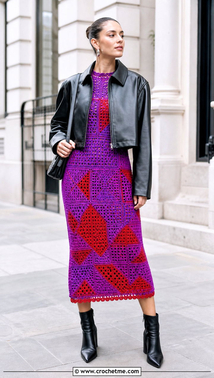 Geometric Crochet Dress With Leather Jacket - 35 long sleeve crochet dress outfit ideas