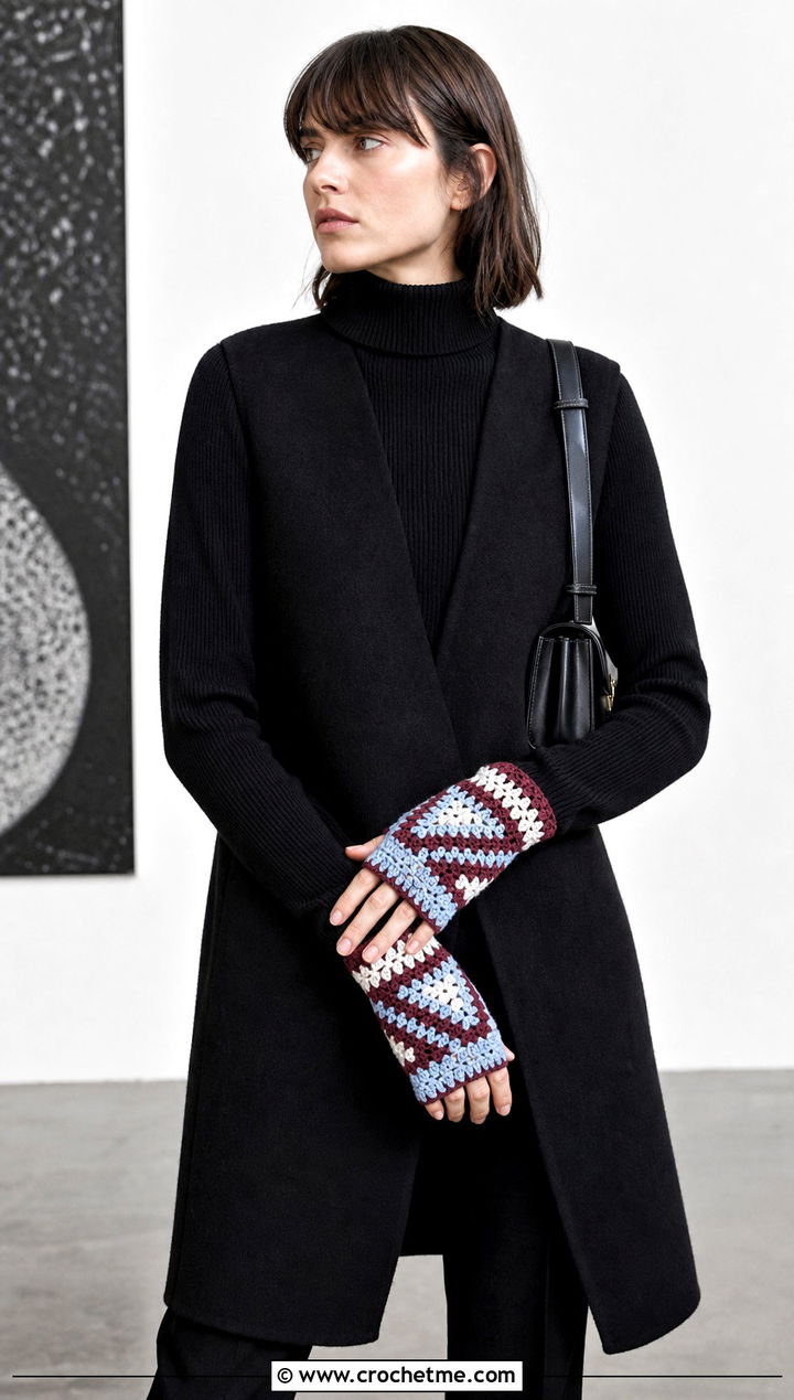 Geometric Crochet Driving Gloves With Minimal Black Outfit - 25 Crochet Driving Gloves outfit ideas