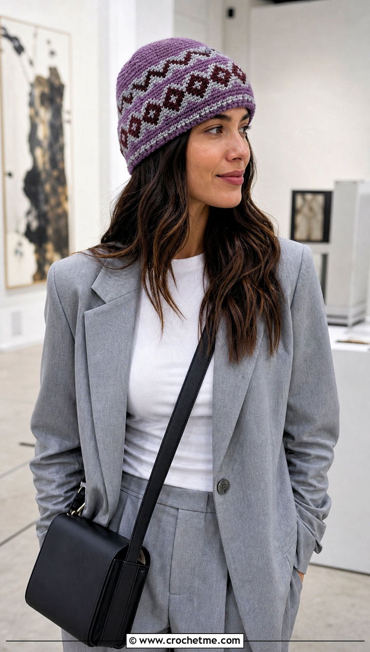 Geometric Crochet Fair Isle Hat With Pantsuit - 25 Crochet Fair Isle Hat outfit ideas