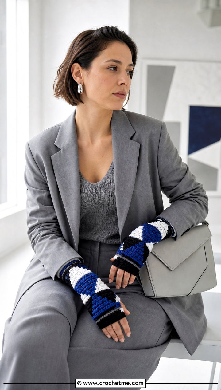 Geometric Crochet Fingerless Gloves With Monochrome Suit - 30 crocheted fingerless gloves outfit ideas