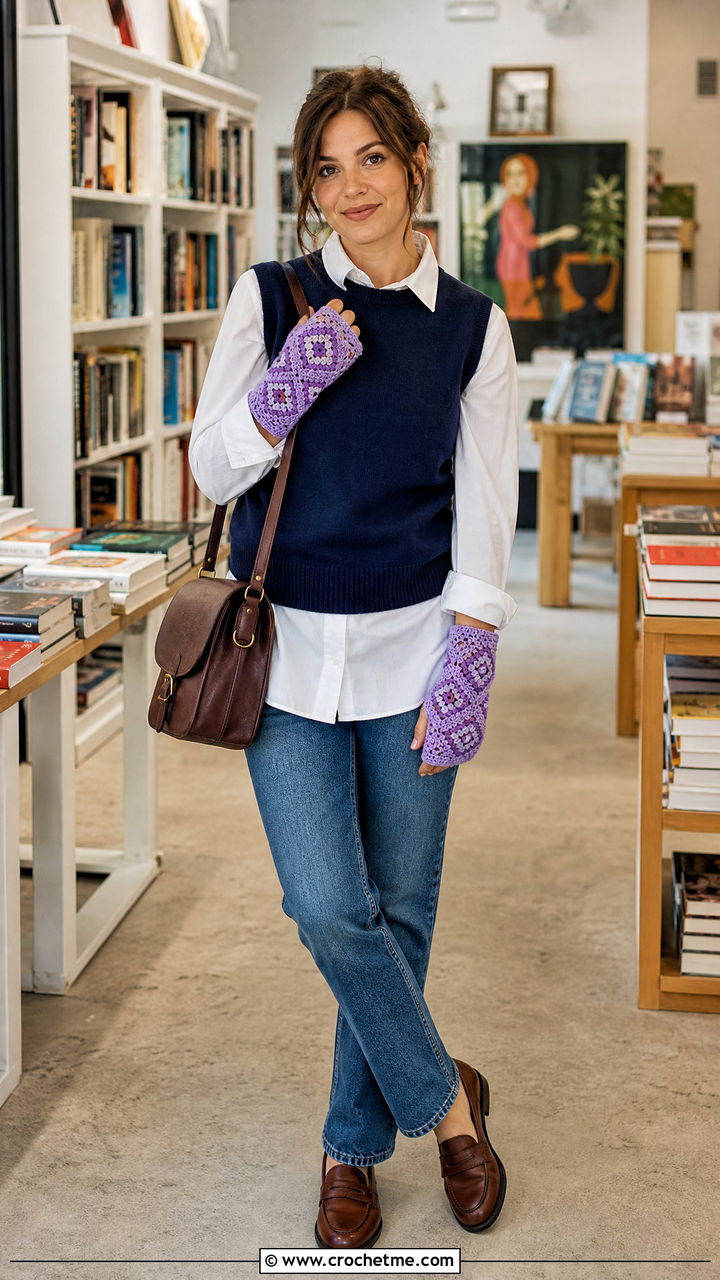 Geometric Crochet Fingerless Gloves With Sweater Vest And Poplin Shirt - 35 crochet fingerless gloves outfit ideas