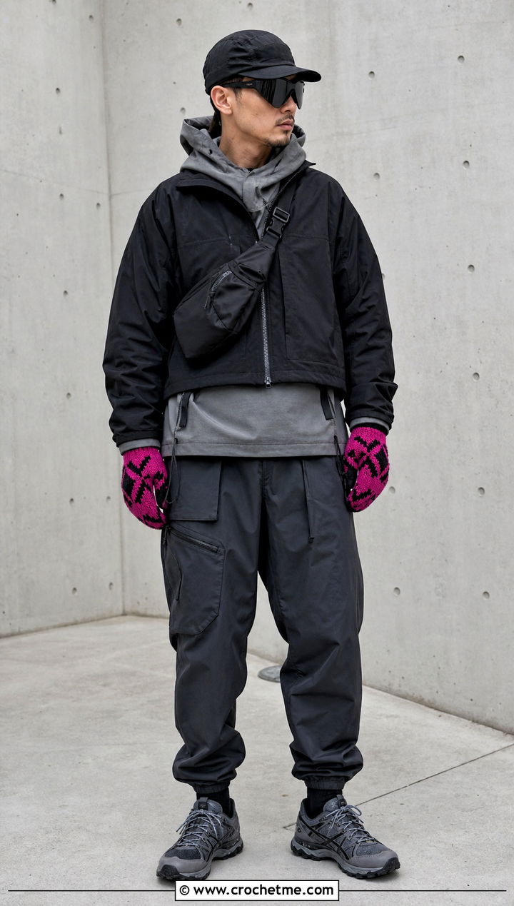 Geometric Crochet Gloves With Technical Jacket - 35 men crochet gloves outfit ideas