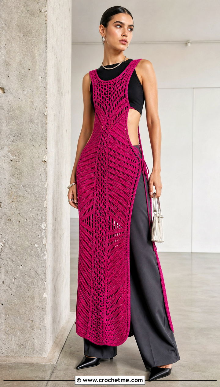 Geometric Crochet Gown Dress With Wide Leg Pants - 25 Crochet Gown Dress outfit ideas