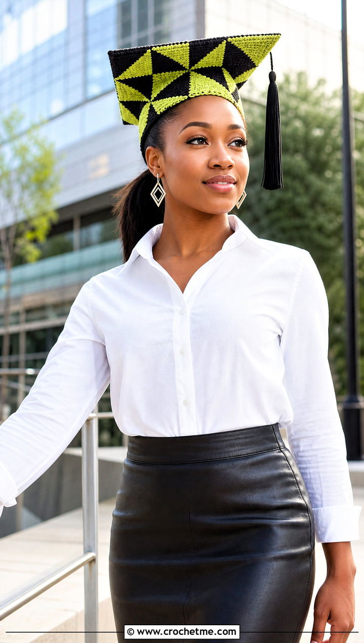 Geometric Crochet Graduation Cap Cover With Leather Skirt Outfit - 30 crochet graduation cap cover outfit ideas