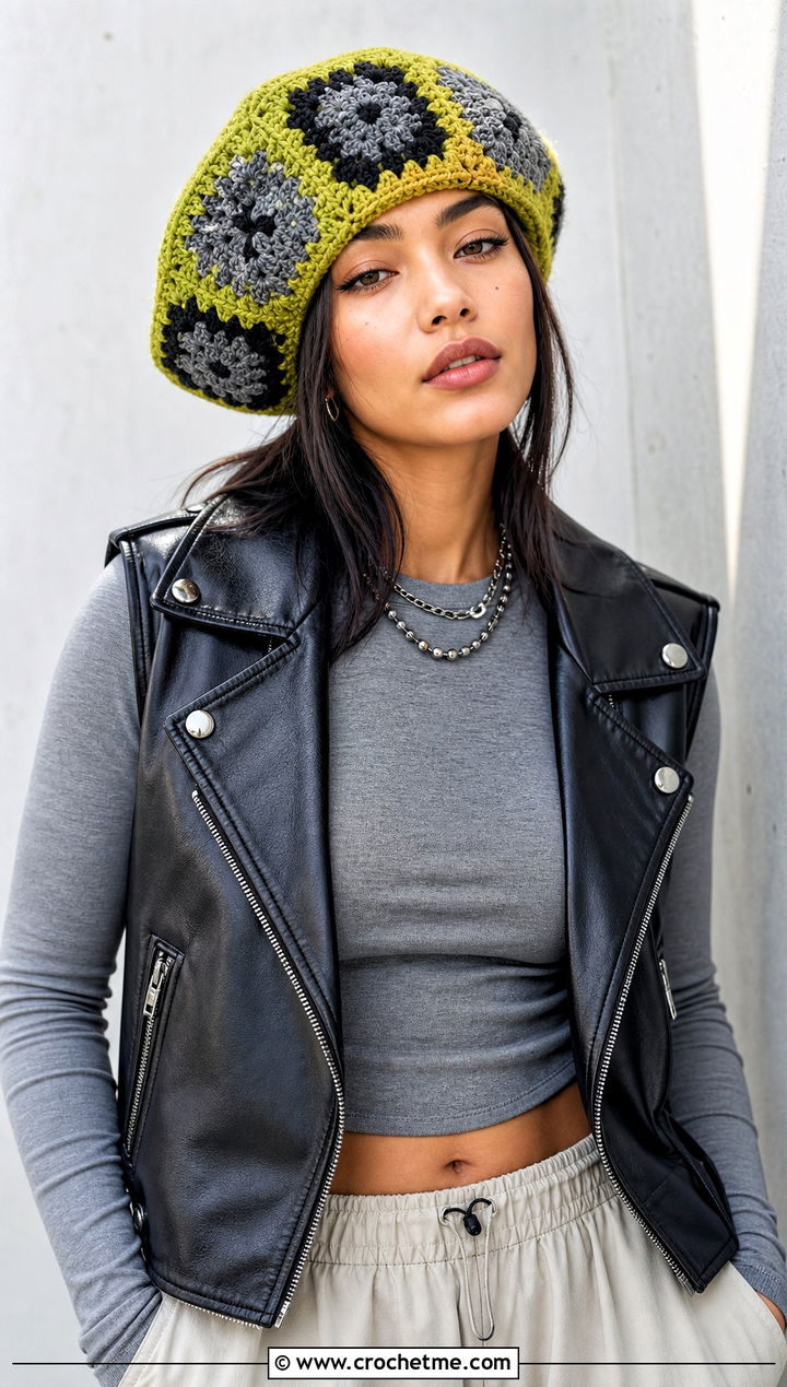 Geometric Crochet Granny Square Beret With Moto Vest And Parachute Pants - 25 Crochet Granny Square Beret outfit ideas