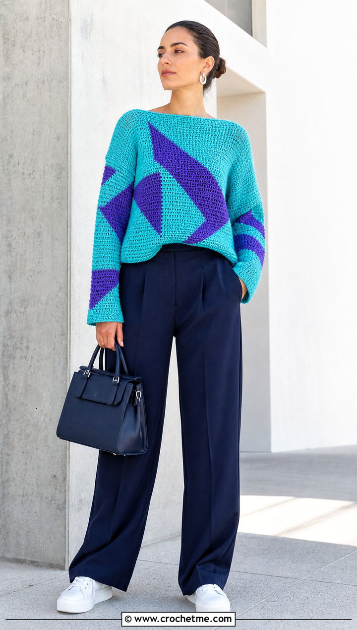 Geometric Crochet Graph Sweater With Monochrome Pants - 30 crochet graph sweater outfit ideas