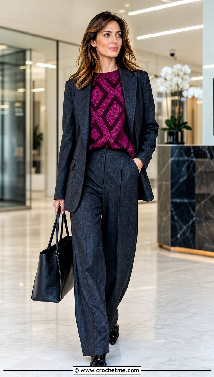 Geometric Crochet Graphic Sweater With Monochrome Suiting - 30 crochet graphic sweater outfit ideas