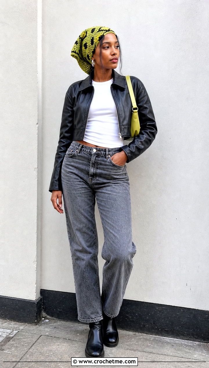 Geometric Crochet Hair Wrap With Leather Jacket And Jeans - 35 crochet hair wrap outfit ideas