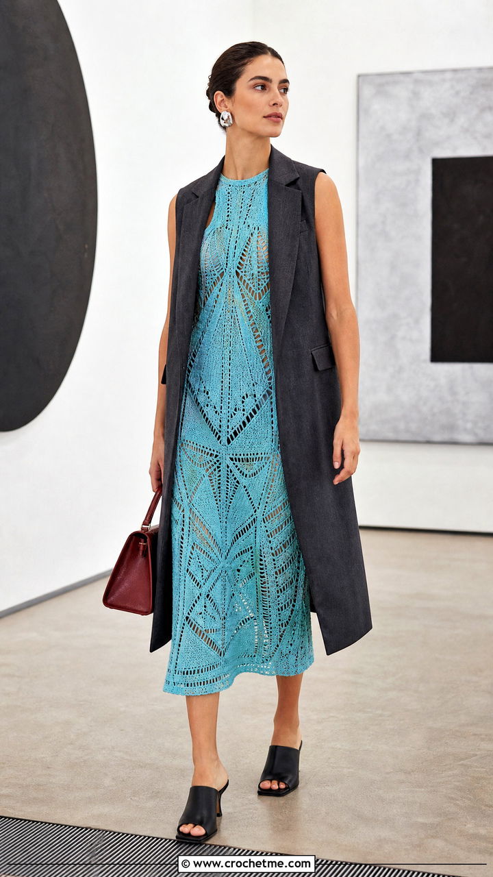 Geometric Crochet Halter Dress With Tailored Vest - 35 crochet halter dress outfit ideas