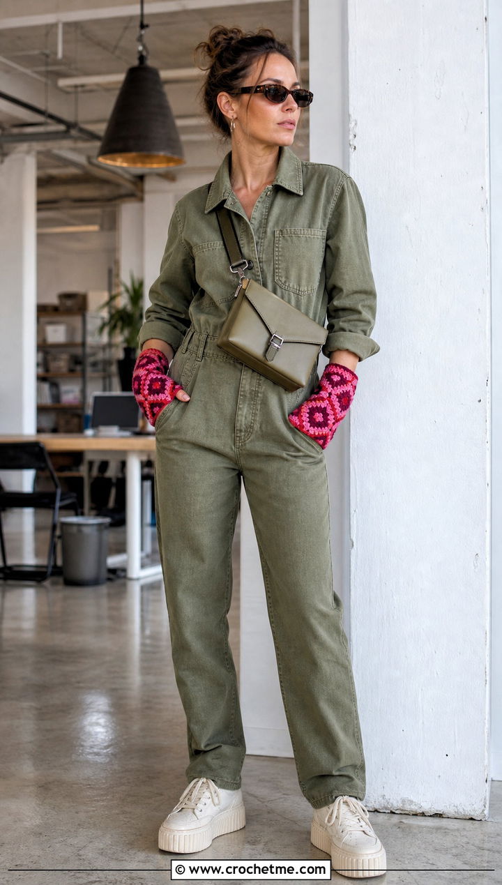 Geometric Crochet Handwarmers With A Utility Jumpsuit - 35 crochet handwarmers outfit ideas