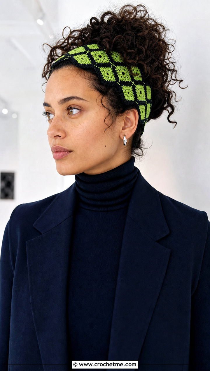 Geometric Crochet Headband With Monochrome Outfit - 30 crochet headband curly hair outfit ideas