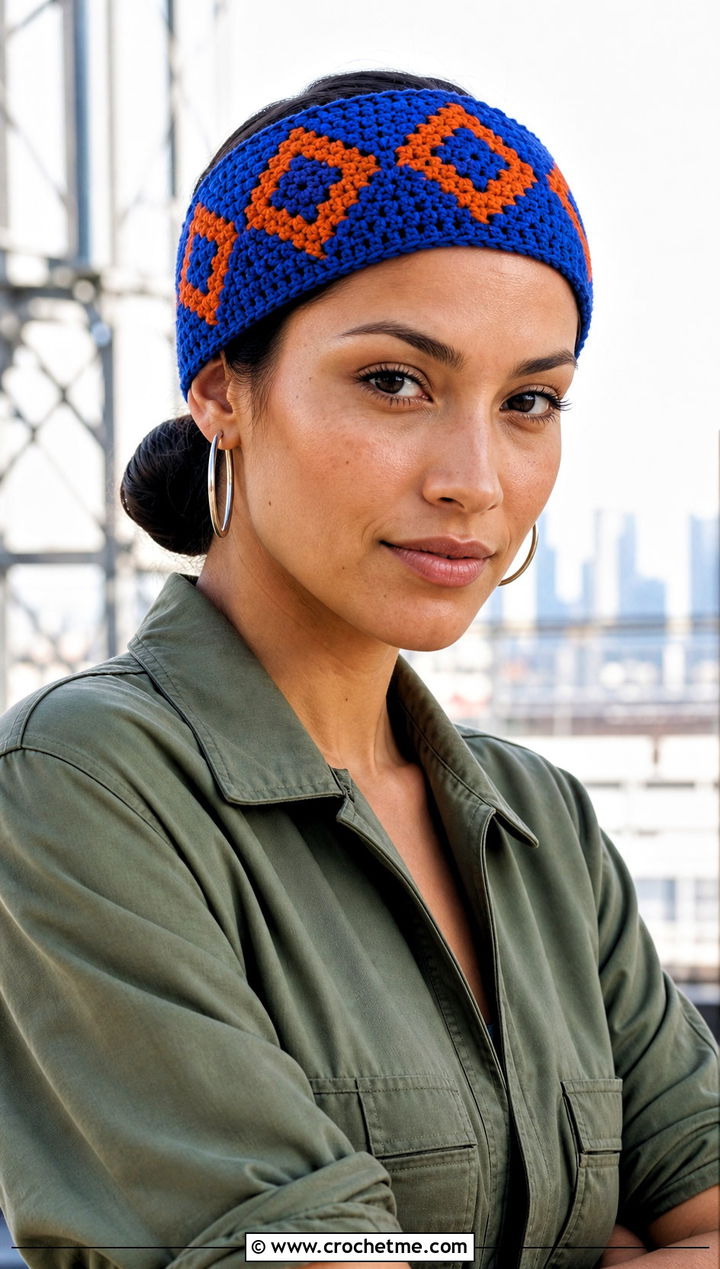 Geometric Crochet Headband With Utility Jumpsuit - 30 boho crochet headband outfit ideas