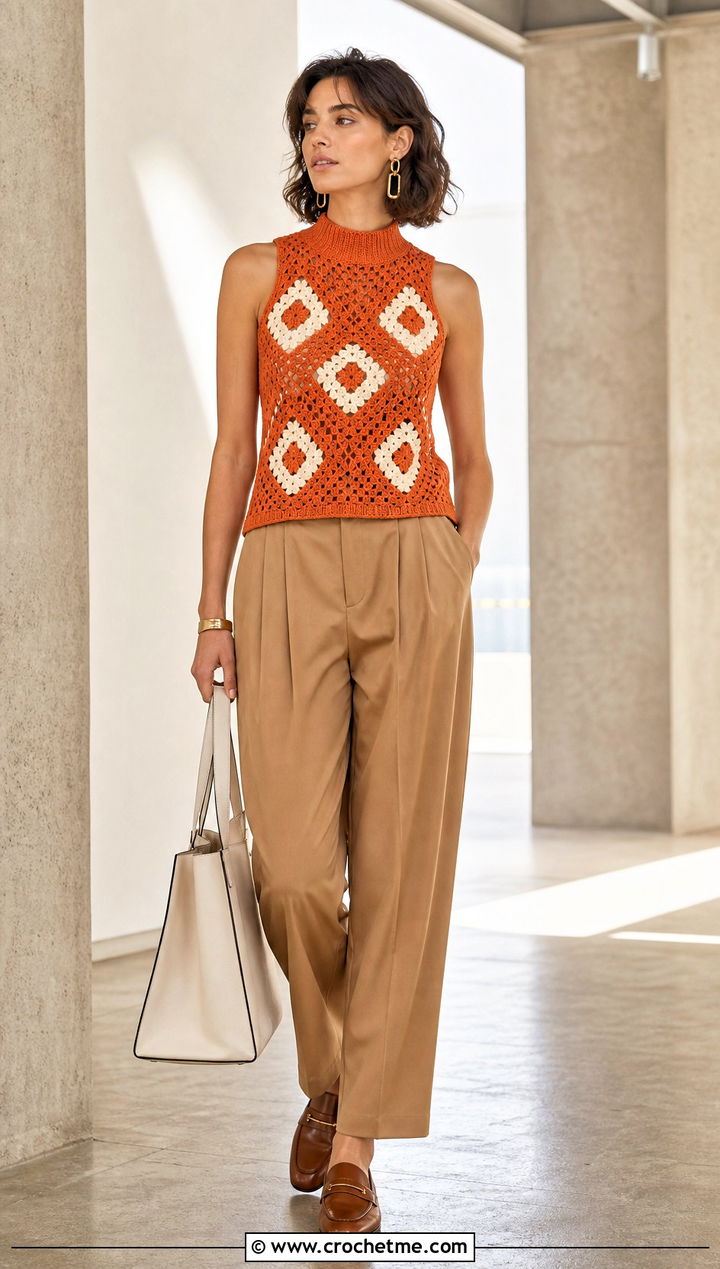 Geometric Crochet High Neck Tank Top With Pleated Trousers - 25 crochet high neck tank top outfit ideas