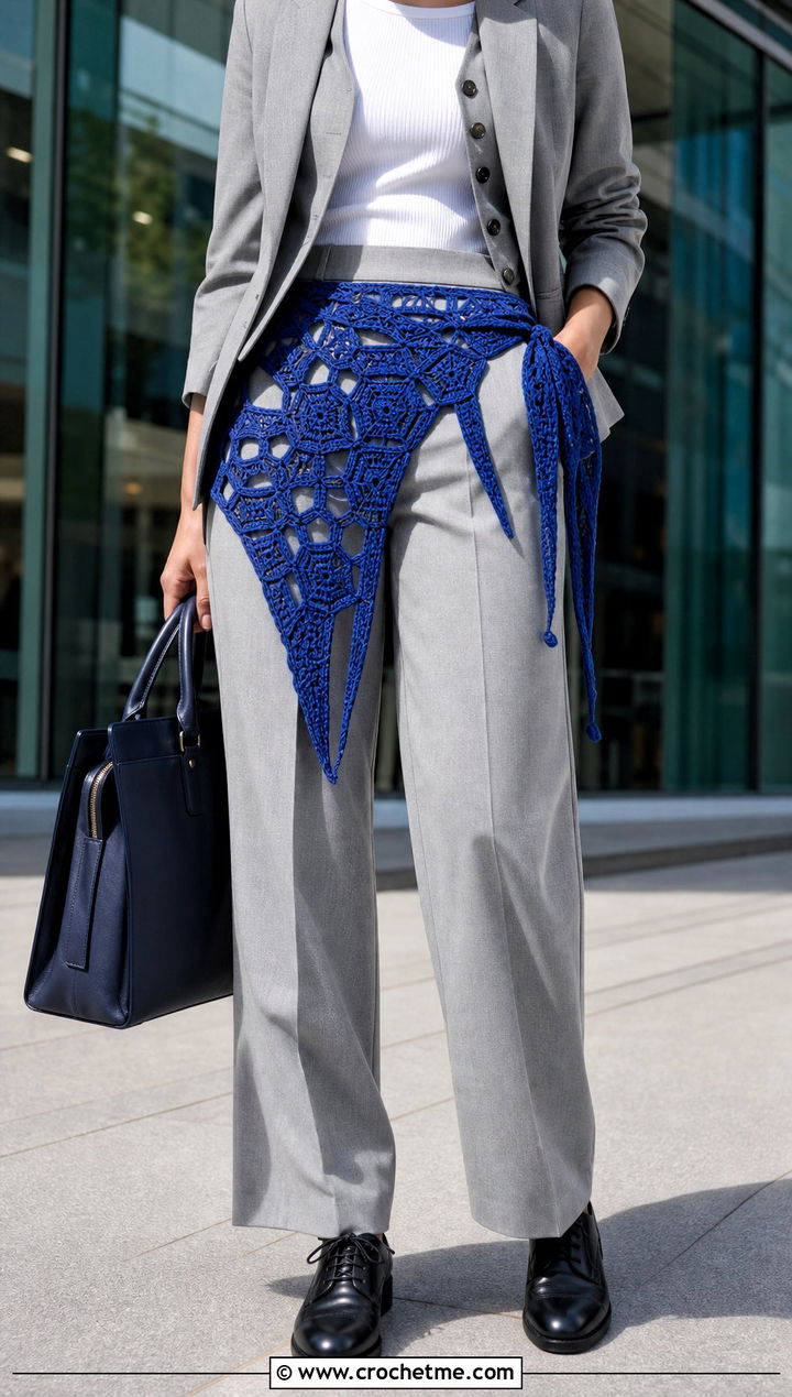 Geometric Crochet Hip Scarf With Tailored Suit Trousers - 30 Crochet Hip Scarf outfit ideas