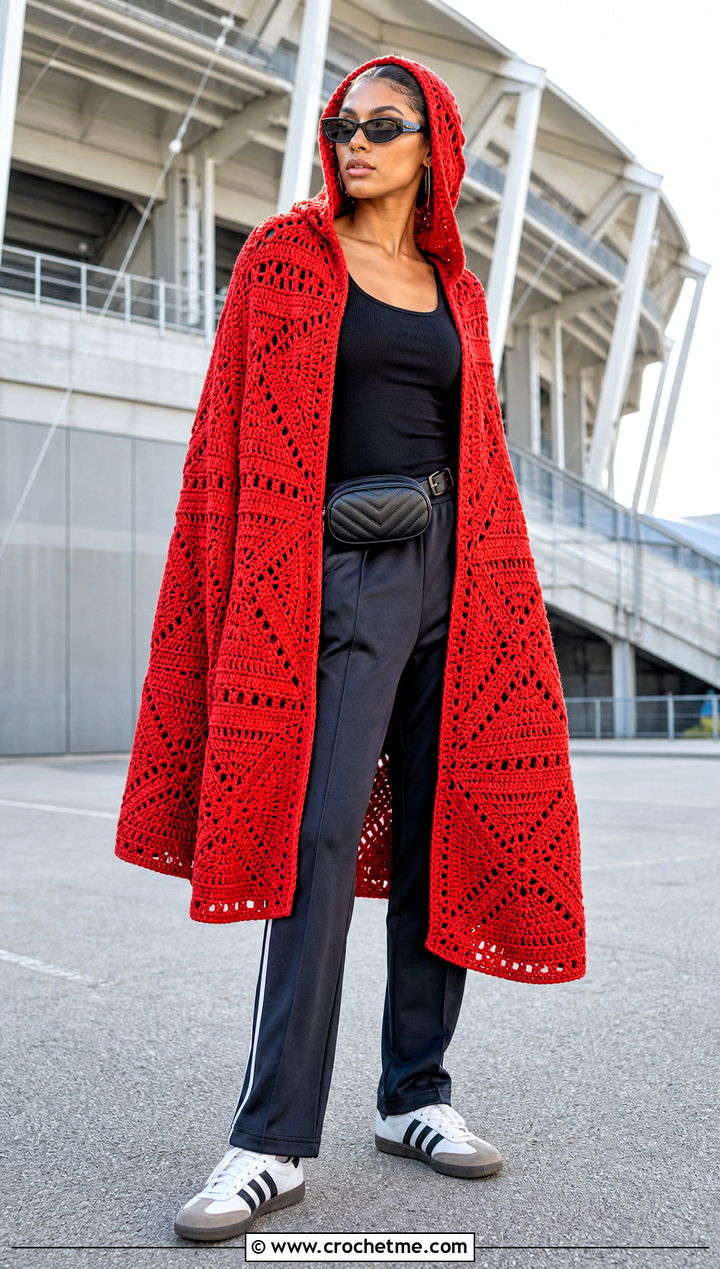 Geometric Crochet Hooded Cape With Track Pants - 35 crochet hooded cape outfit ideas