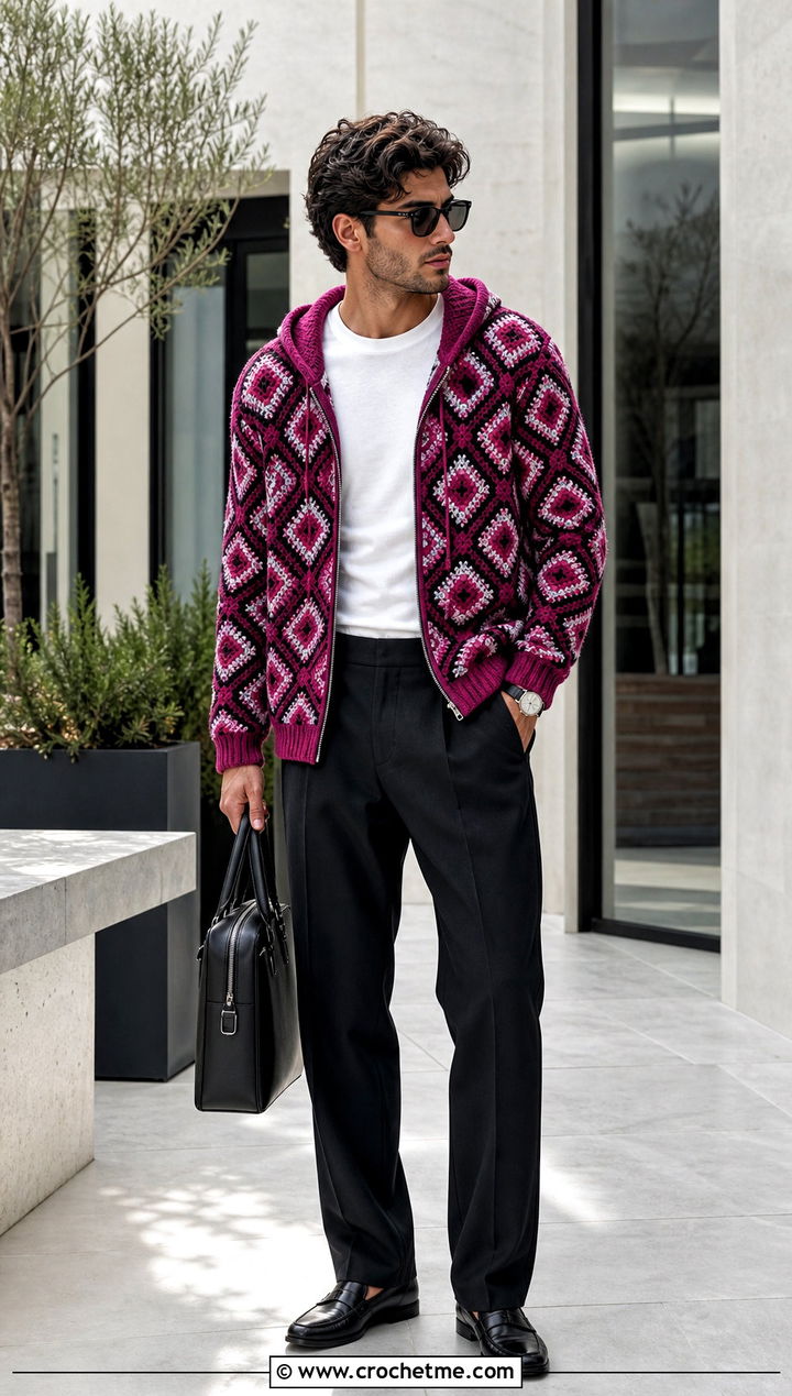 Geometric Crochet Hoodie With Suit Pants - 30 Crochet Hoodies For Men outfit ideas