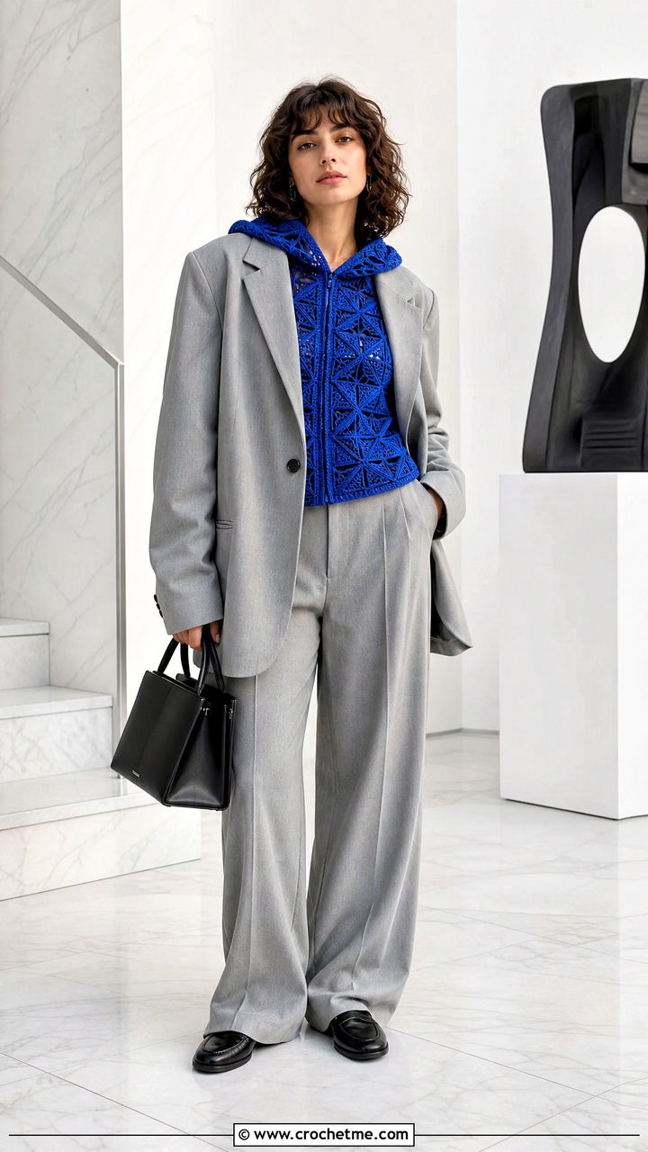 Geometric Crochet Hoodie With Trouser Suit - 35 crochet hoodie outfit ideas