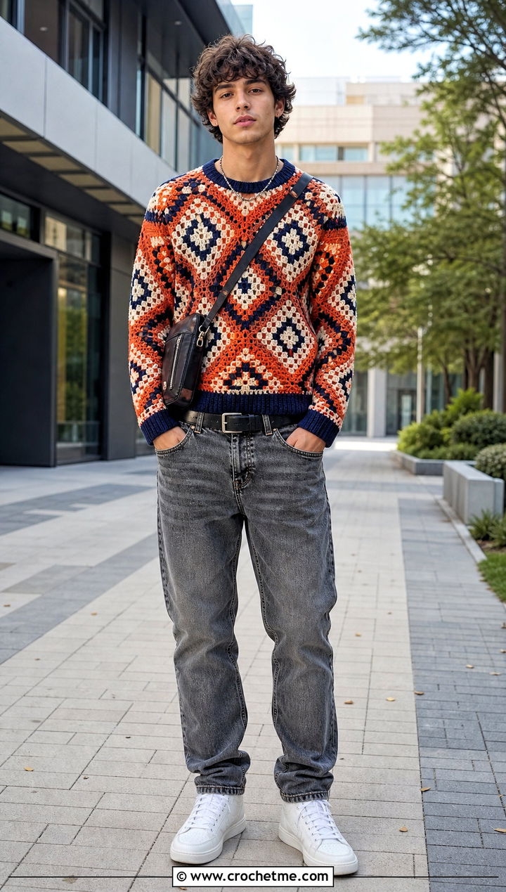 Geometric Crochet Jumper With Gray Denim - 25 mens crochet jumper outfit ideas