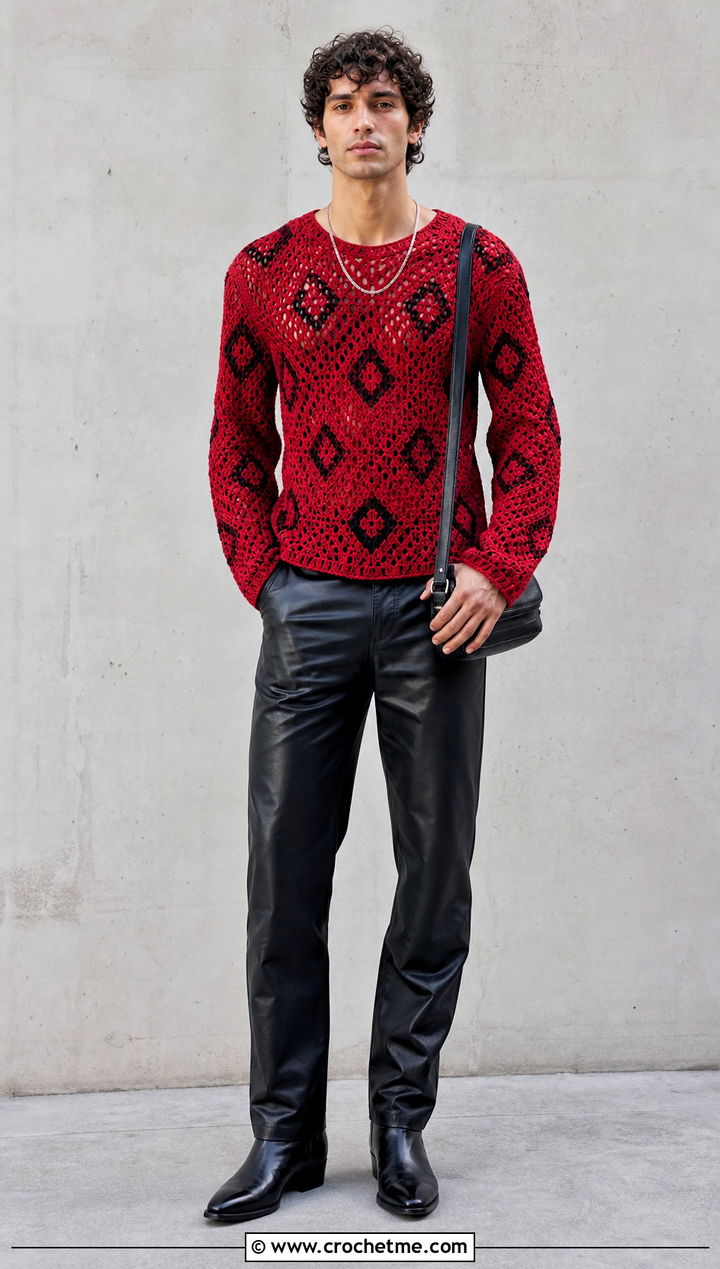 Geometric Crochet Jumper With Leather Pants - 35 men crochet jumper outfit ideas