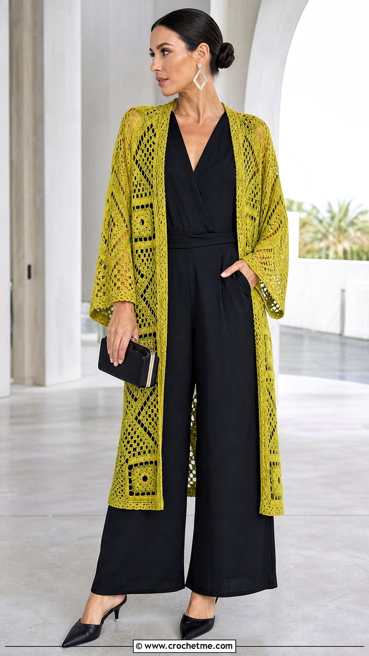 Geometric Crochet Kimono With Black Jumpsuit - 35 crochet kimono outfit ideas