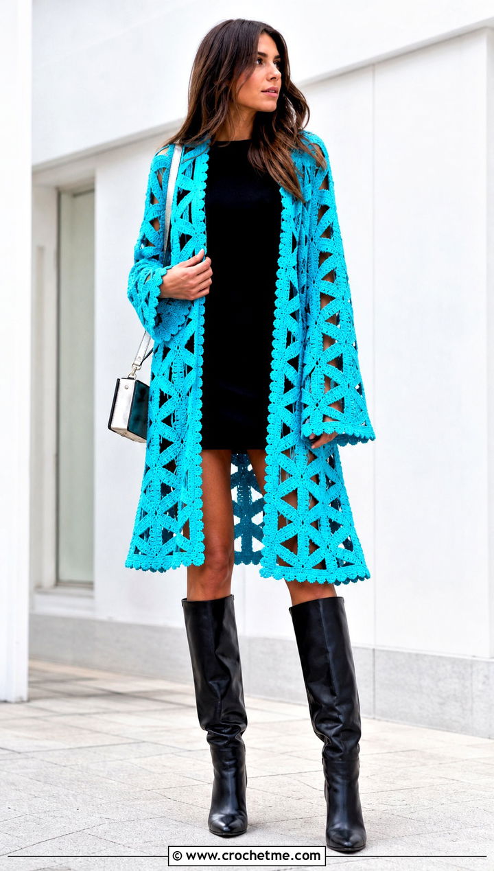 Geometric Crochet Kimono With Mini Dress - 25 easy crochet kimono outfit ideas