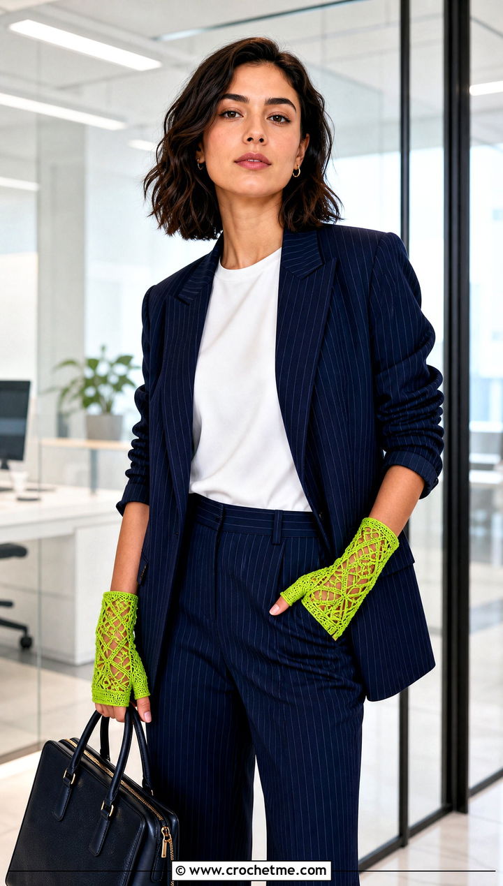 Geometric Crochet Lace Gloves With Pinstripe Suit - 30 crochet lace gloves outfit ideas